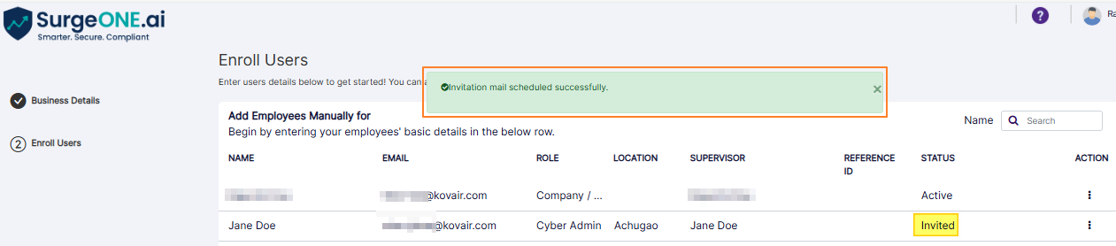 Invite mail success notification