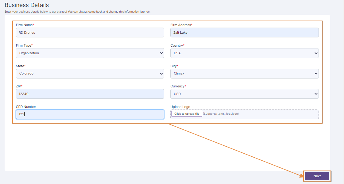 Next button to proceed