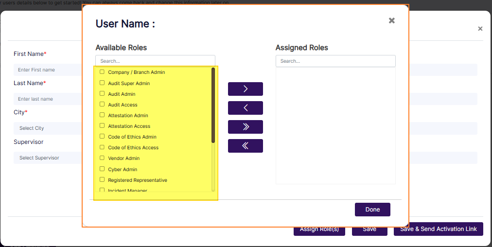 View of the System Roles on the left panel