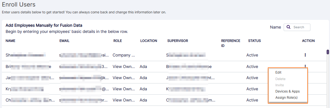 Row context menu options of the created employee
