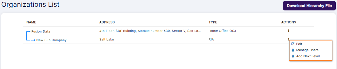Import File context menu option not visible against parent firm after a sub company is created under the parent firm
