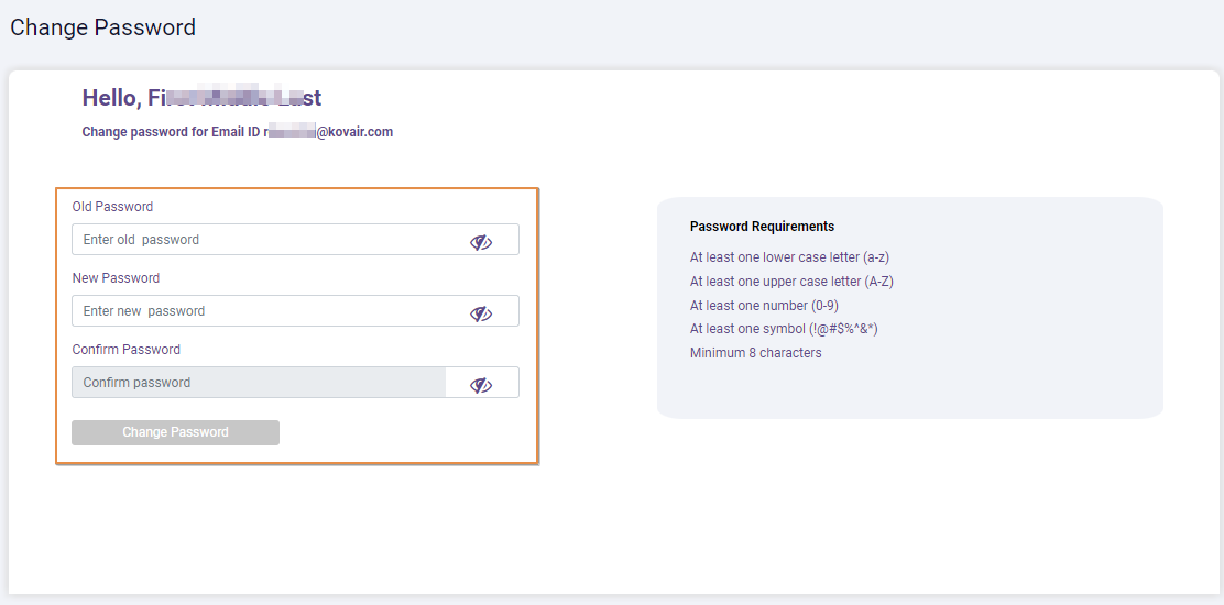 Change Password page view