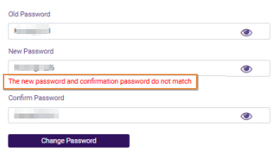 Tooltip when the passwords specified in the New Password and Confirm Password are not the same