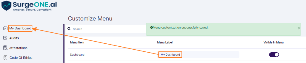 Menu item label change is visible on the left panel