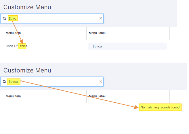 Search operation overview where text matching occurs on the basis of Menu Item label