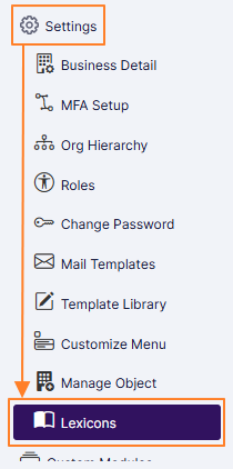 Settings > Lexicons menu option of the left panel