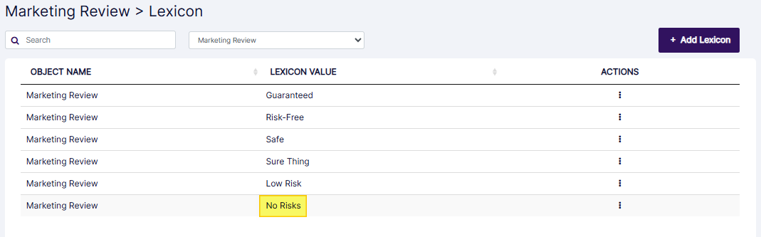 Edited Marketing Review lexicon view in the grid