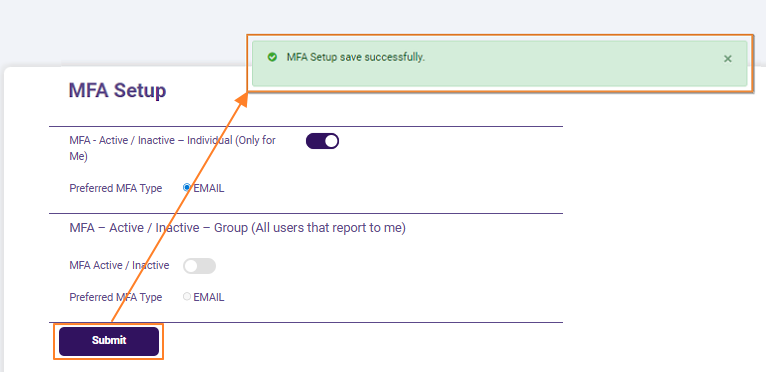 Success notification on MFA setup for own user account