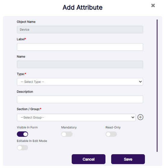 Add Attribute modal window