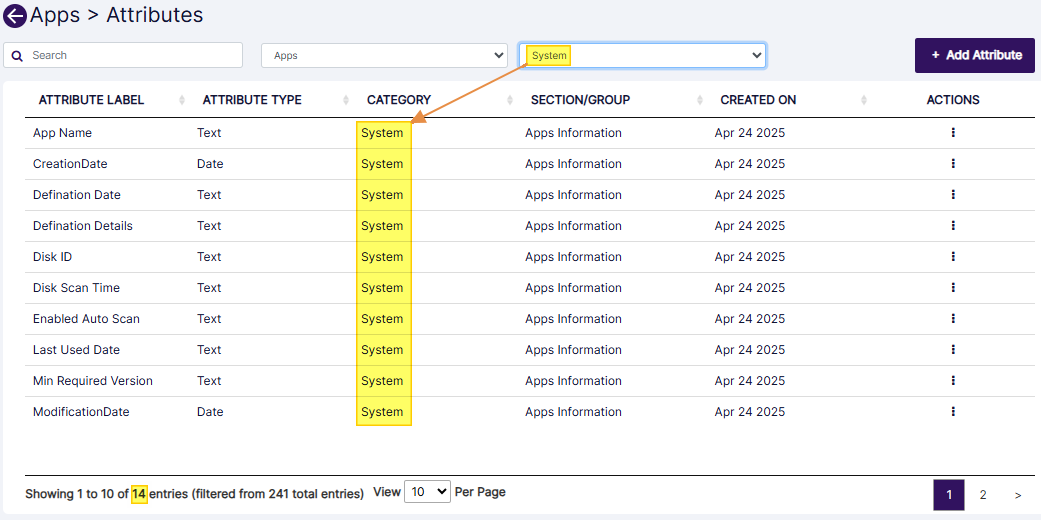 Filtering system defined attributes