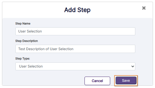 Saving a new User Selection Step