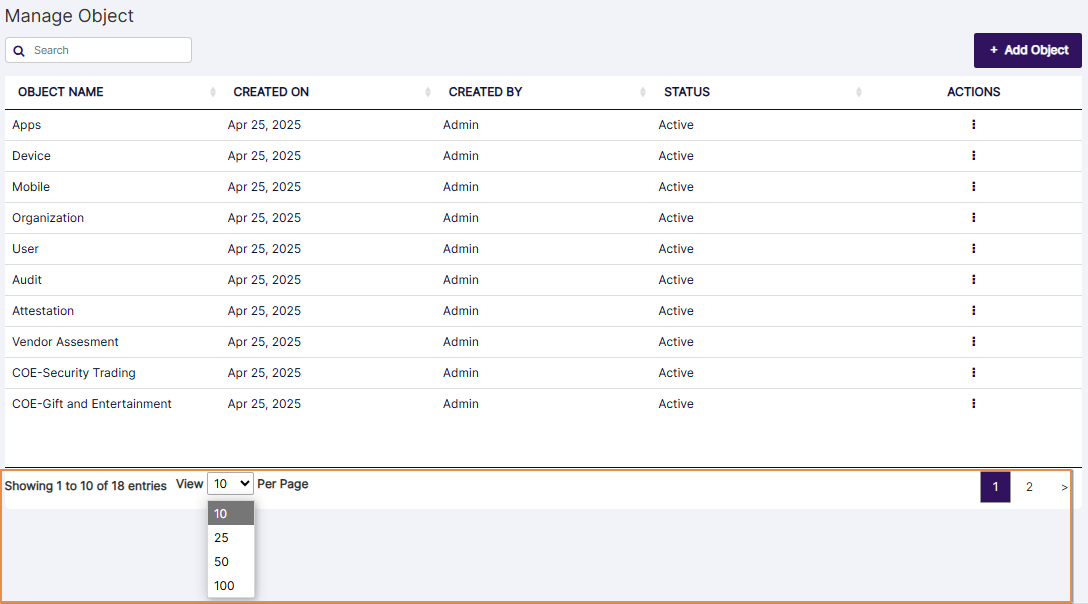 Manage Object pagination options