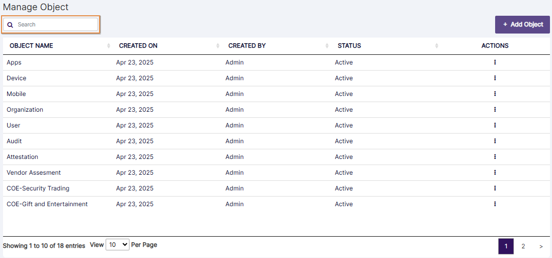 Search bar to find existing objects
