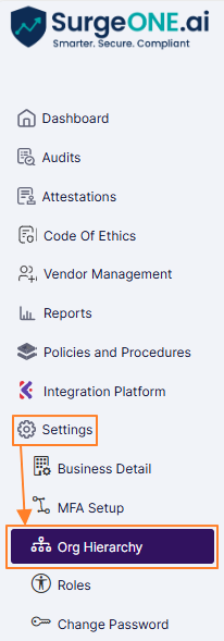 Settings menu > Org Hierarchy menu option