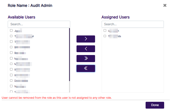 Validation tooltip when you try to remove any listed user from the Assigned Users panel and that user is not assigned to any other existing role
