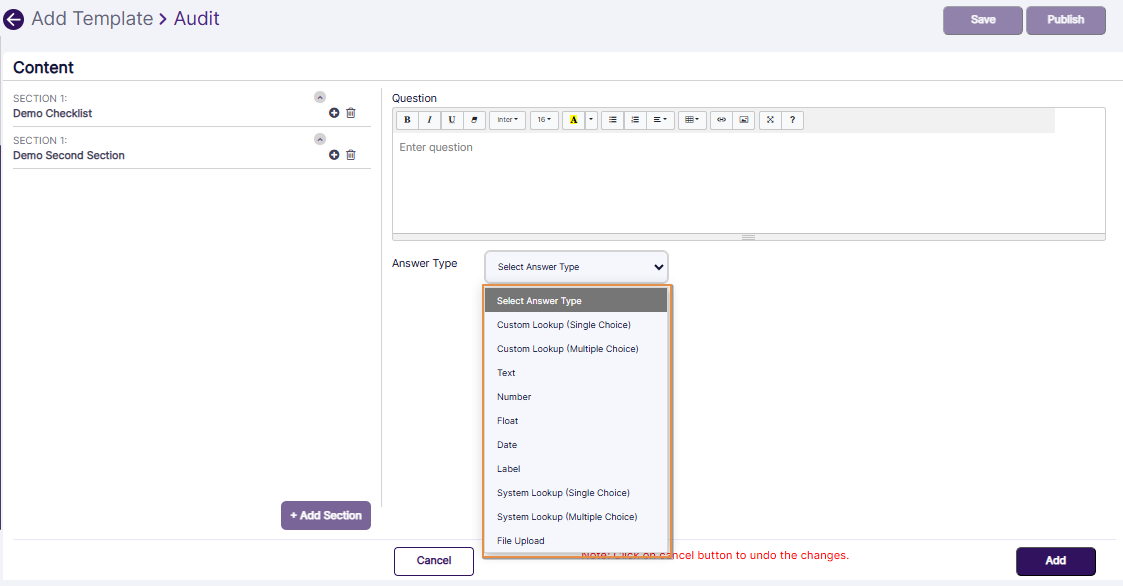 Answer Type dropdown options