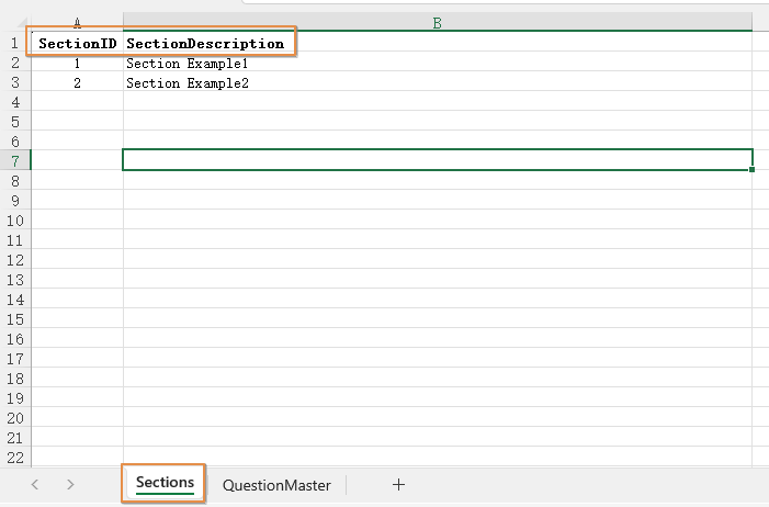 View of the default Sections worksheet