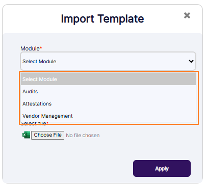 Selecting an option from the Module dropdown