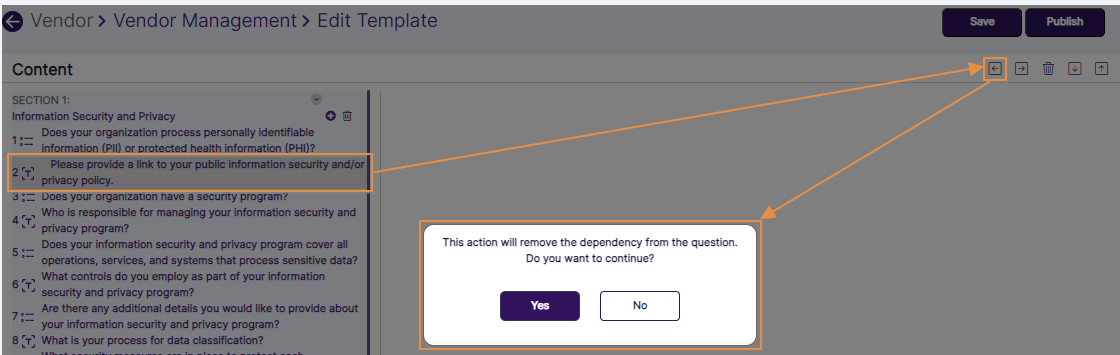 Confirmation modal prompt prior to question dependency removal