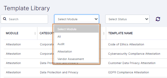 Module selection filter dropdown options