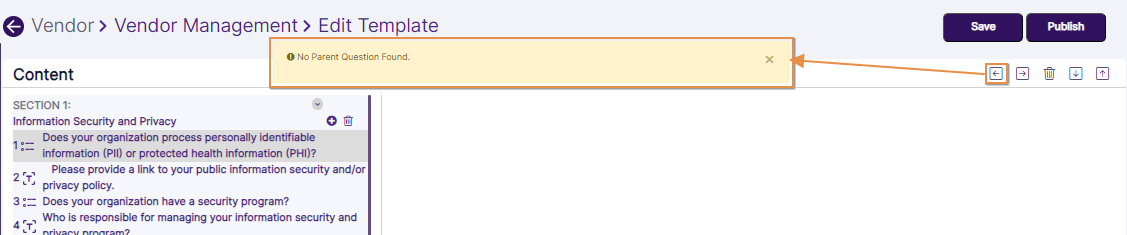 Notification prompted when no parent question is found
