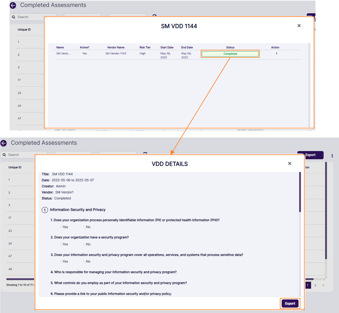 Export button of the modal window which loads after clicking on the View Details menu option