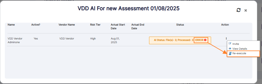 Re-execute menu option present when error is encountered by the vendor AI