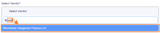 Entering text in the Select Vendor field to find an existing vendor