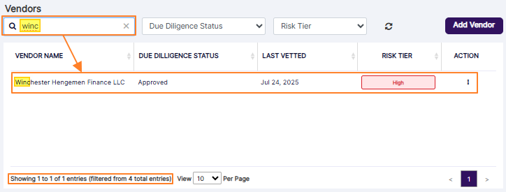 Same vendor found in the Vendors grid view