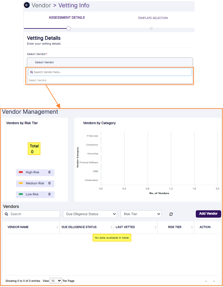 No vendor found in the Vendors grid view or under the Select Vendor field