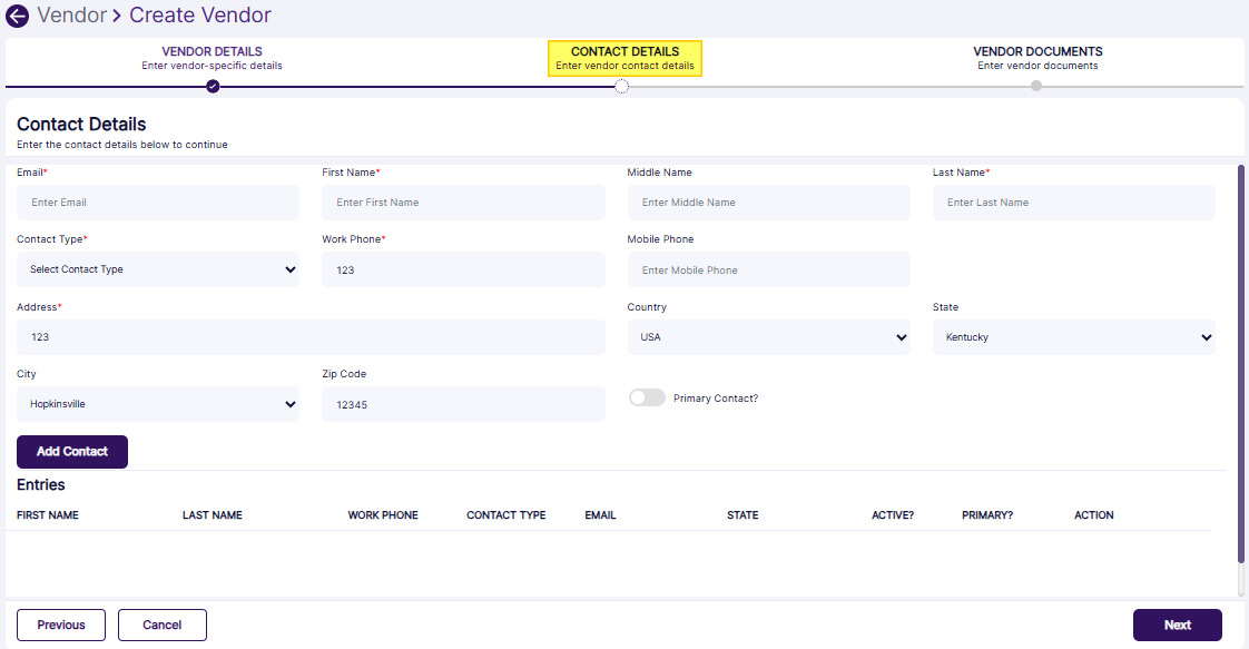 Adding new Vendor Contact