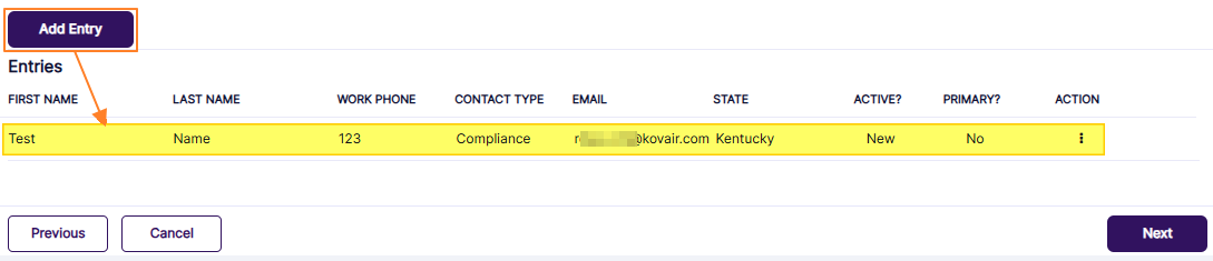 Add Entry button to proceed to add the contact as per the specified details