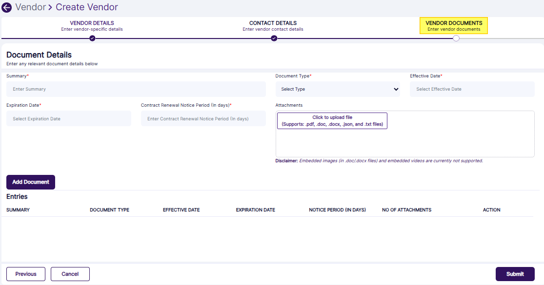 Adding new Vendor Document