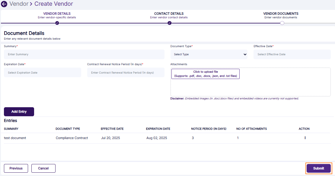 Submit button to create vendor