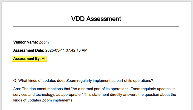 PDF attachment view after a Vendor Assessment is performed by AI