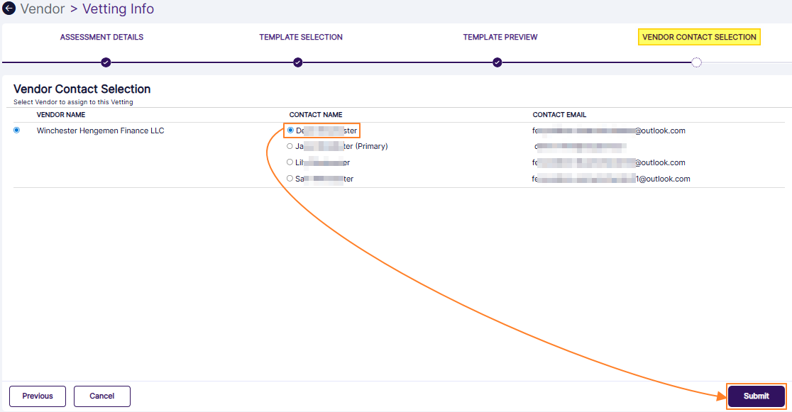 Selecting vendor contact name and using the Submit button to create vendor assessment