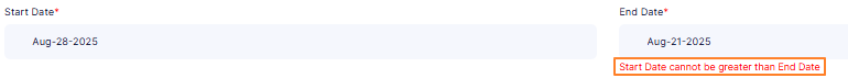 Start Date cannot be greater than End Date tooltip