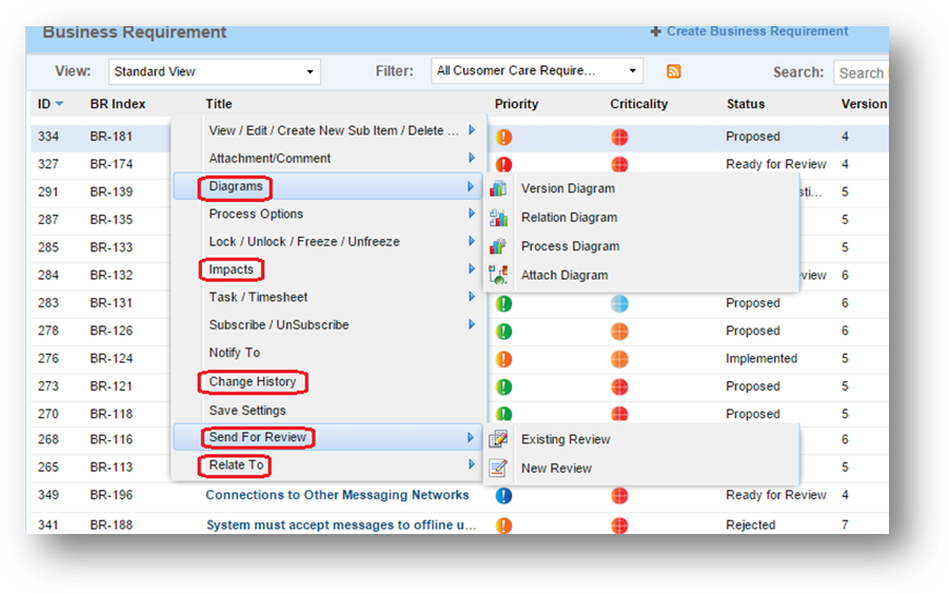 action menu of list page
